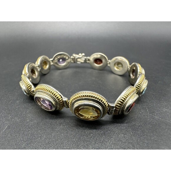 Sterling Silver 14k Gold Multi Gemstone Bracelet 7.25"~Garnet~Citrine~Amethyst - Picture 2 of 11
